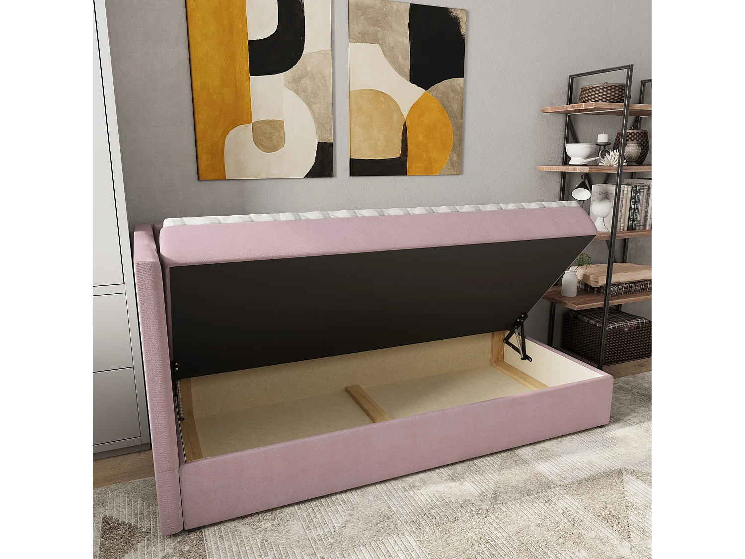Boxspringbed BEVE 100x200 cm Set met hoofdbord, bedbodem en matras, Poederroze