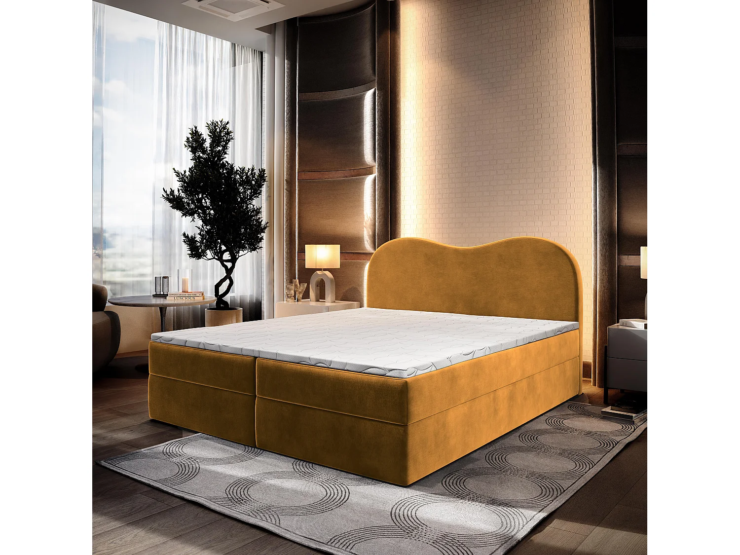 Lit continental FLUVIA, 160x200 cm, Tissu velours, Jaune