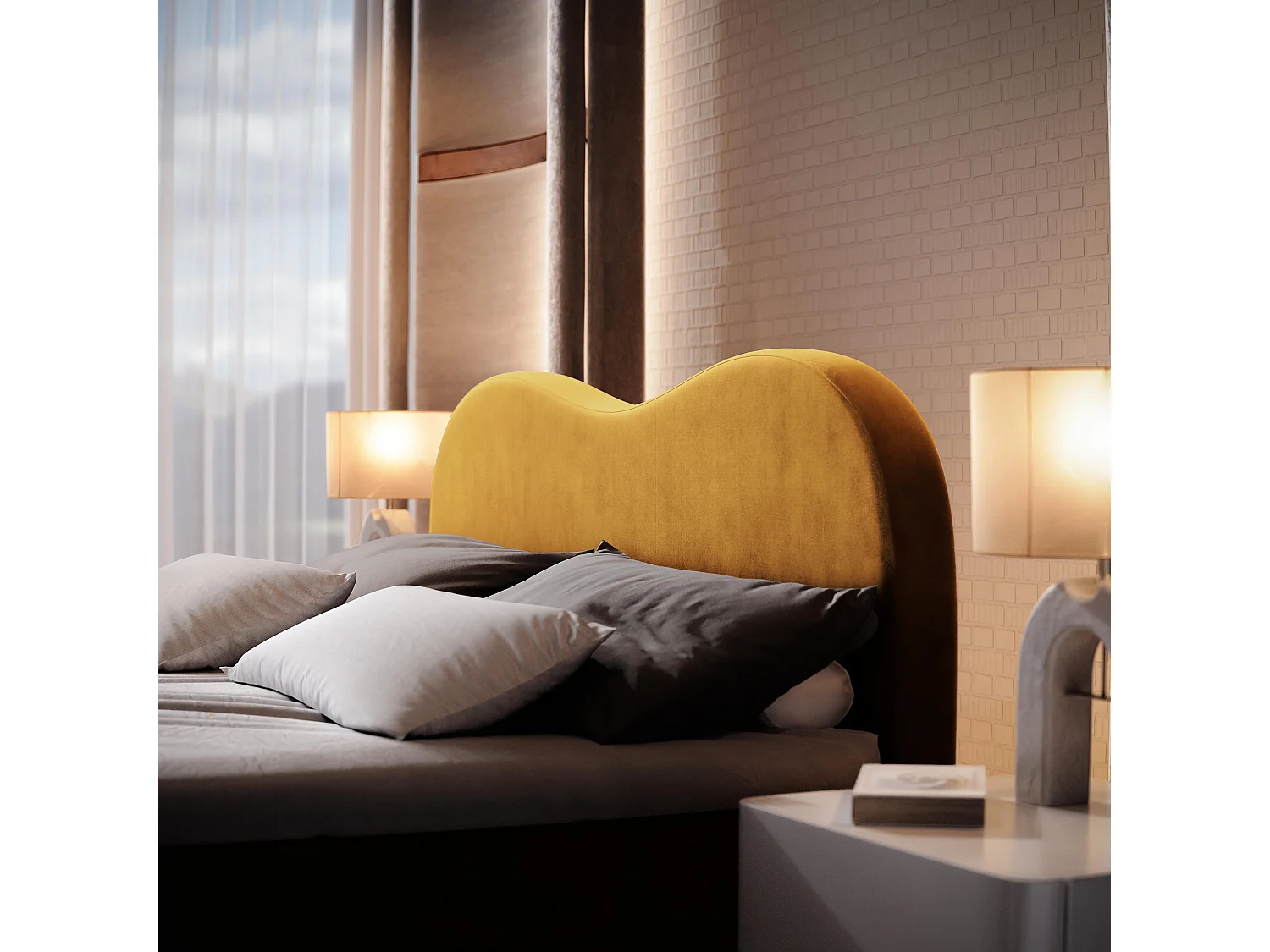 Lit continental FLUVIA, 160x200 cm, Tissu velours, Jaune