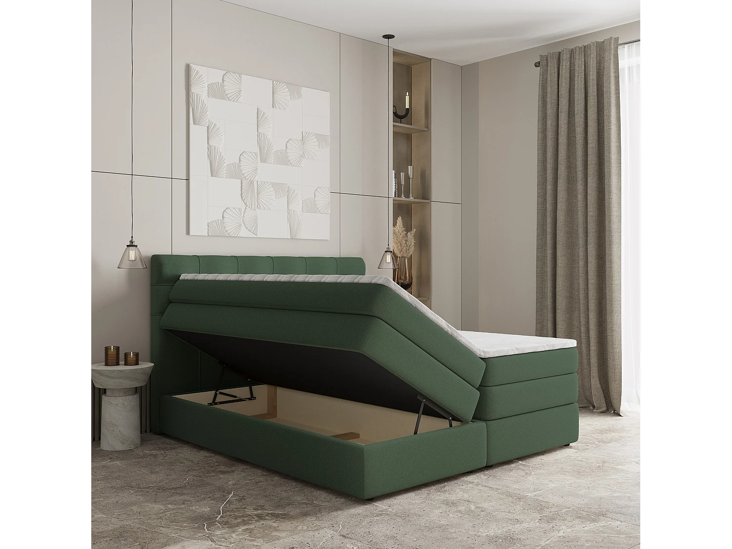 Lit continental AREZI, 160x200 cm, Tissu tressé, Vert