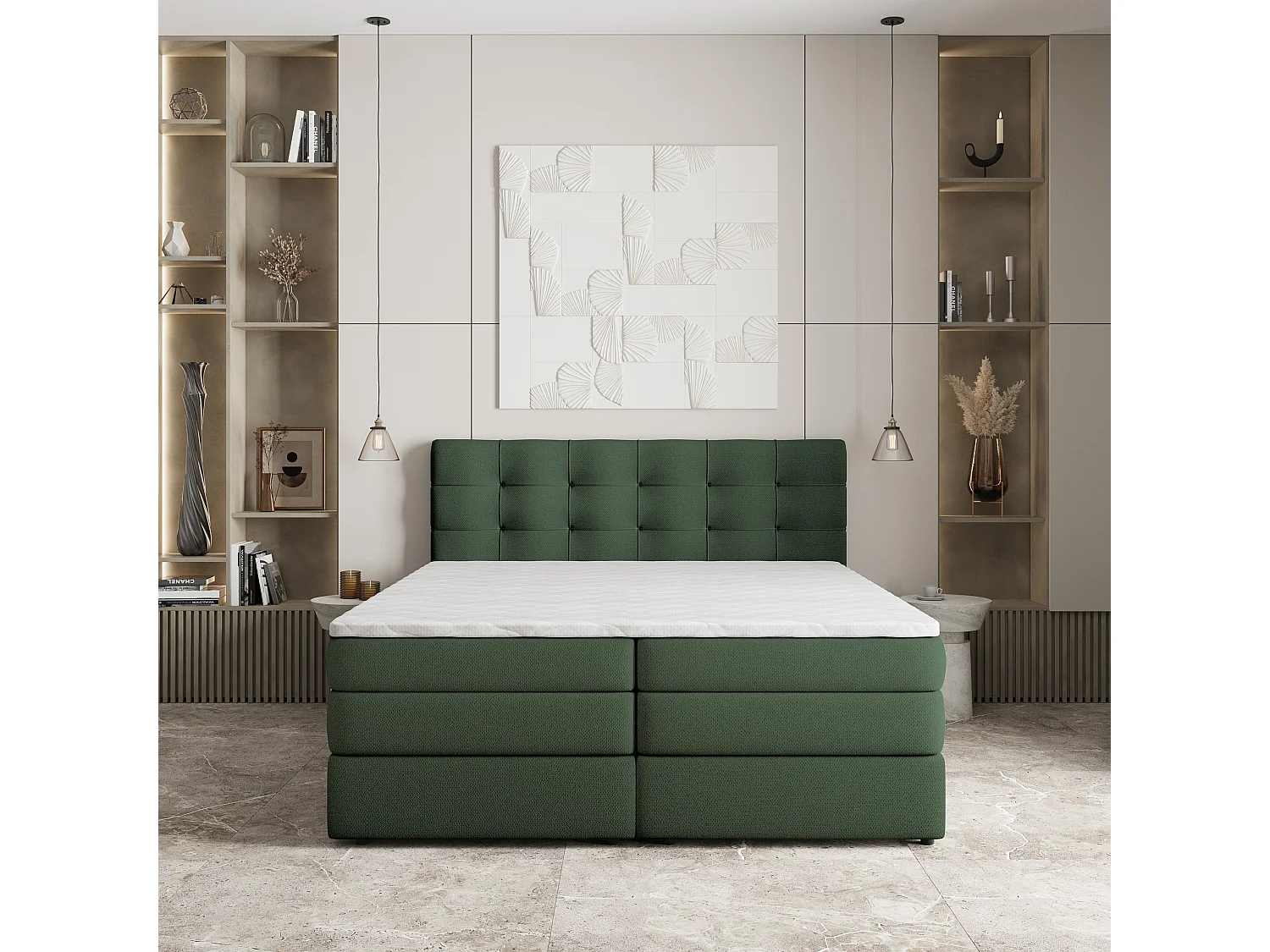 Lit continental AREZI, 160x200 cm, Tissu tressé, Vert
