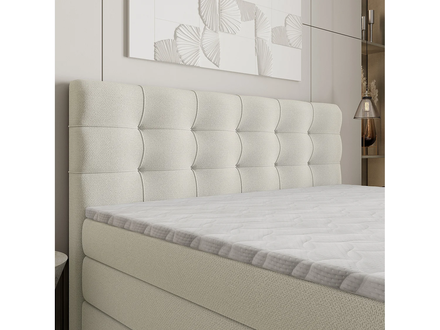 Lit continental AREZI, 180x200 cm, Tissu tressé, Couleur crème