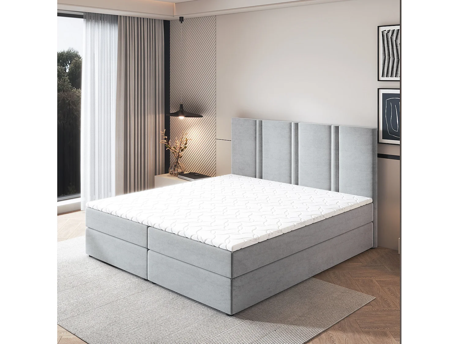 Lit continental LARIO, 160x200 cm, Tissu pelucheux, Gris clair