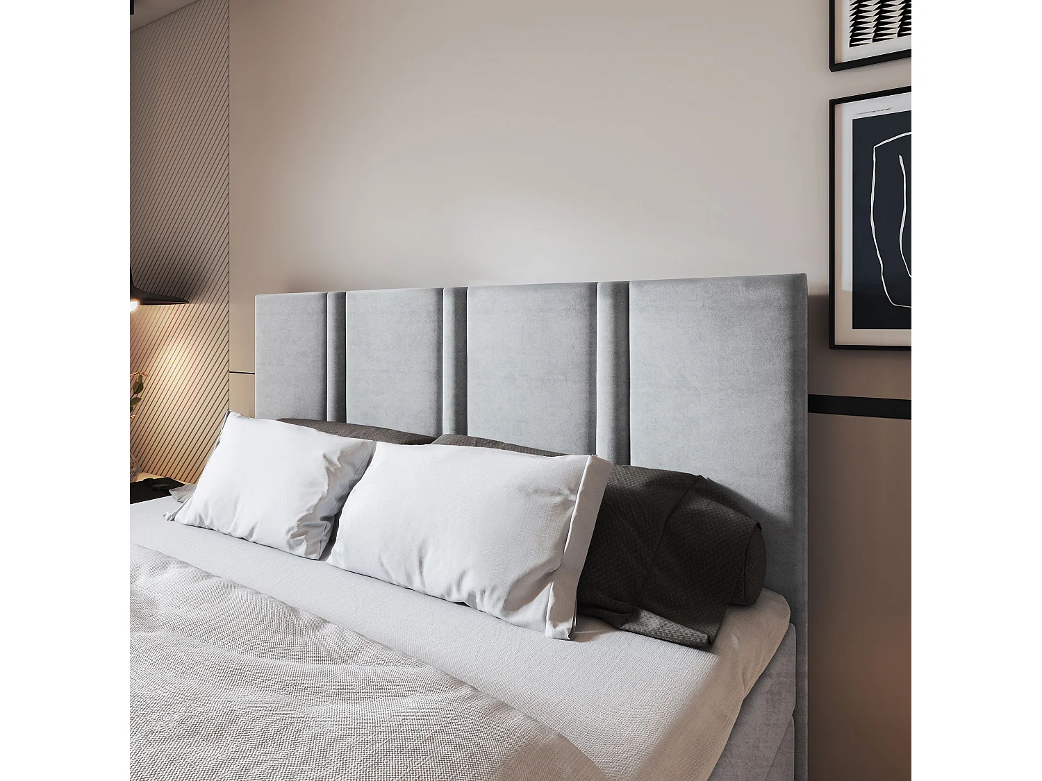 Lit continental LARIO, 160x200 cm, Tissu pelucheux, Gris clair