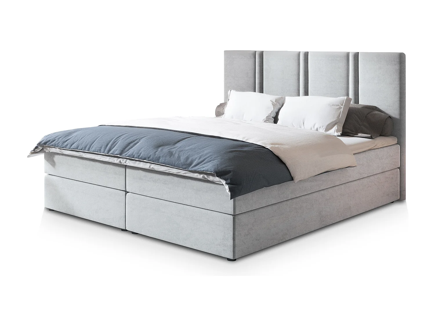 Lit continental LARIO, 160x200 cm, Tissu pelucheux, Gris clair