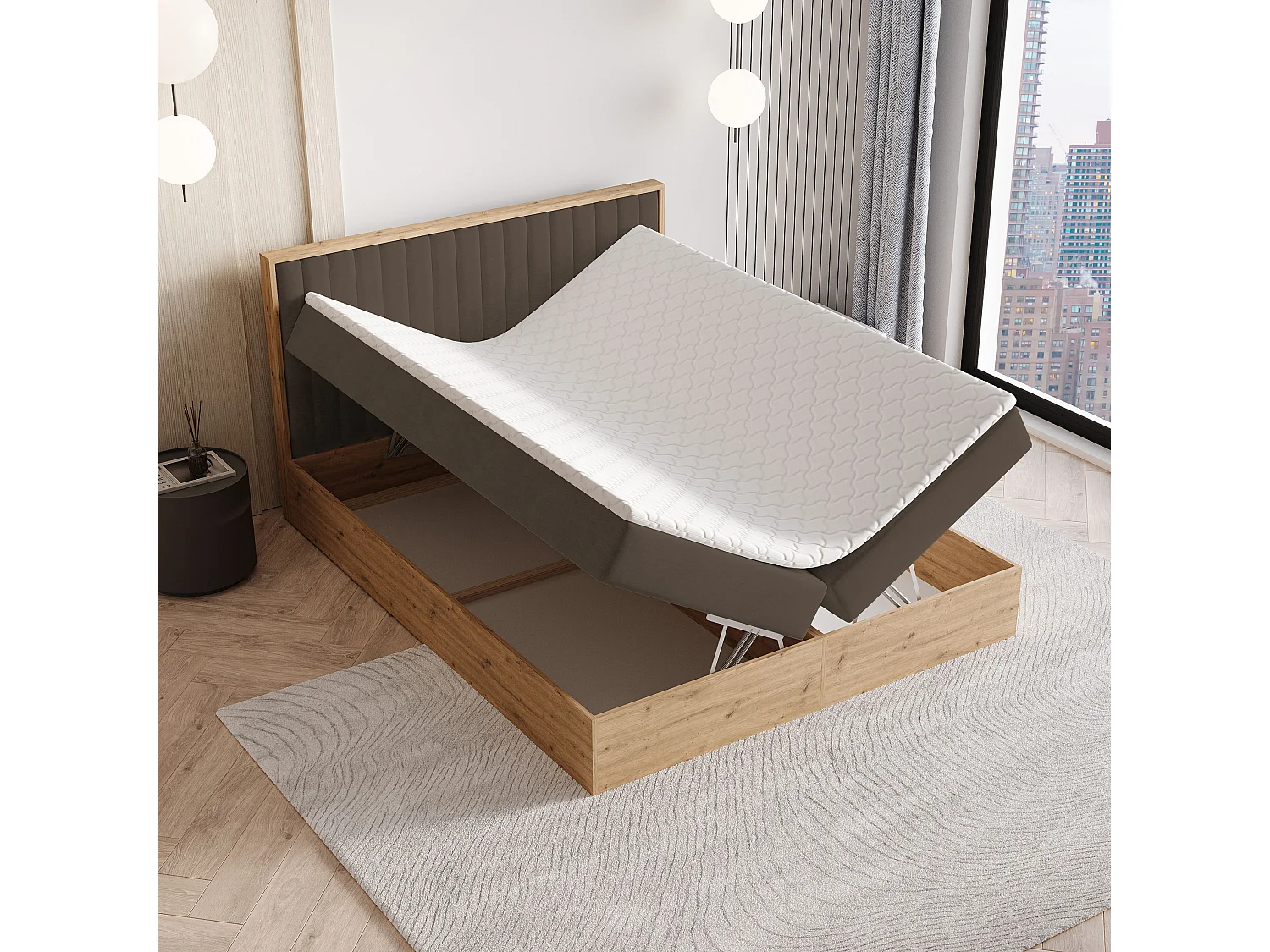 Lit continental VARELI, 160x200 cm, Tissu tressé, Marron