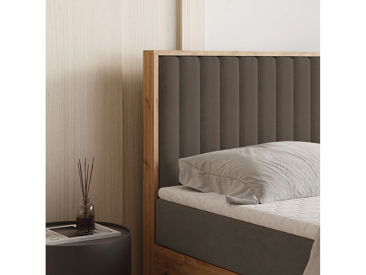 Lit continental VARELI, 160x200 cm, Tissu tressé, Marron