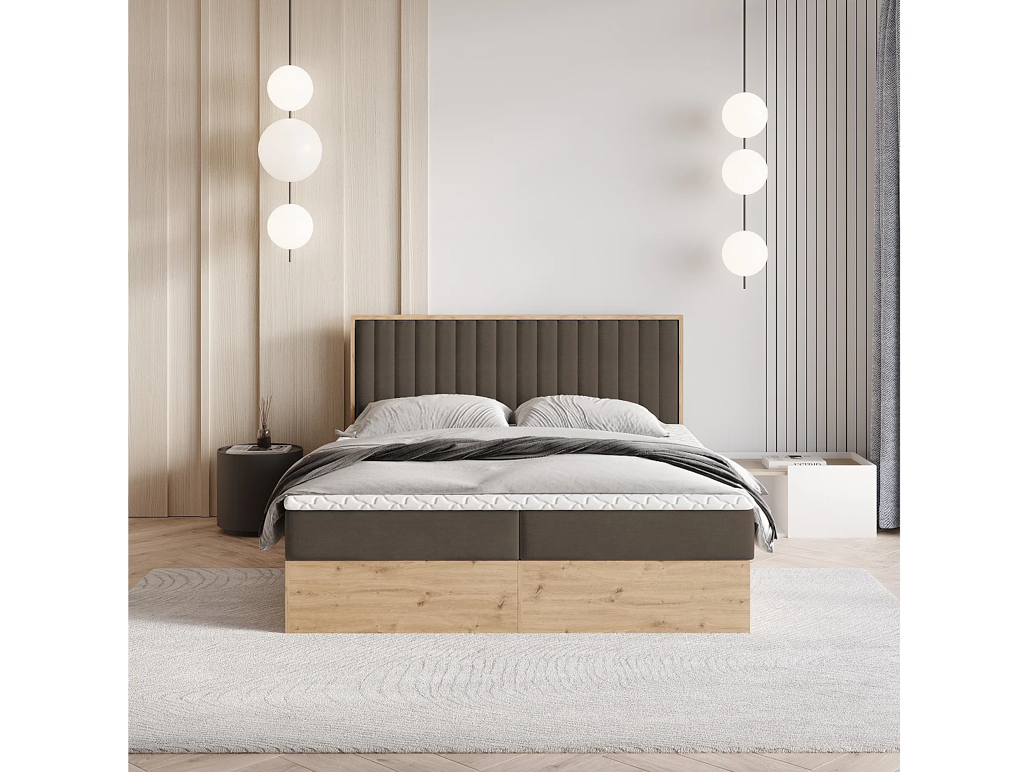 Lit continental VARELI, 160x200 cm, Tissu tressé, Marron