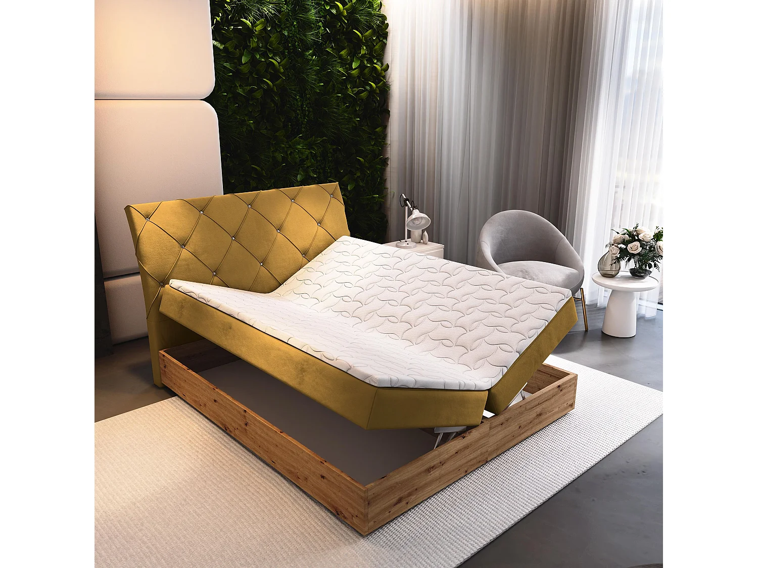 Boxspringbed VELLANO 180x200 cm Set met hoofdbord, bedbodem en matras, Geel