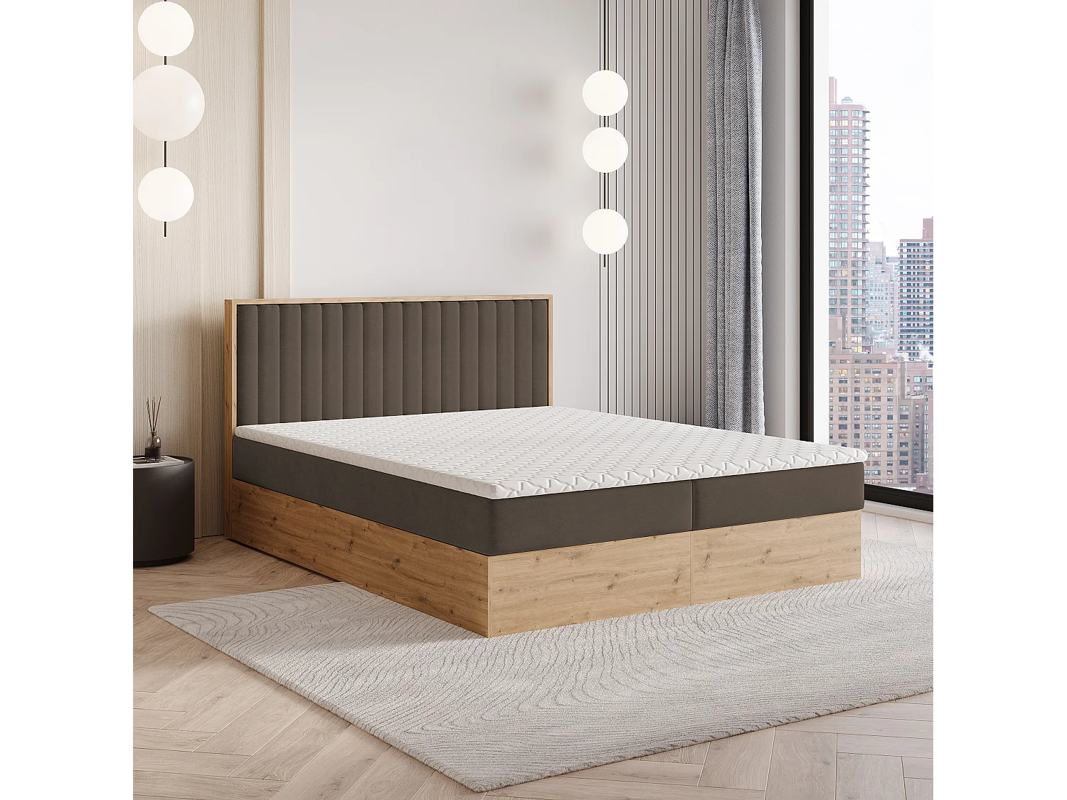 Lit continental VARELI, 140x200 cm, Tissu tressé, Marron