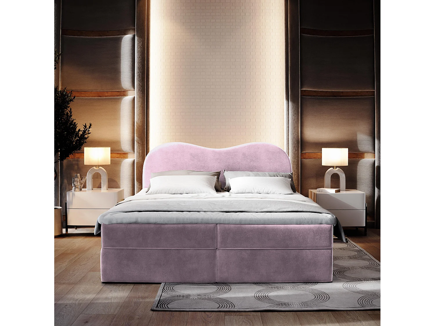 Lit continental FLUVIA, 160x200 cm, Tissu velours, Violet