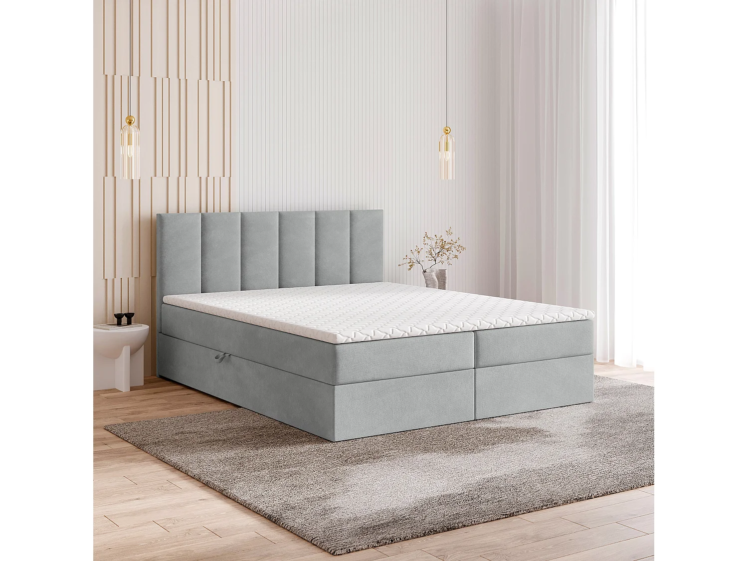 Lit continental MERIL, 140x200 cm, Tissu pelucheux, Gris clair
