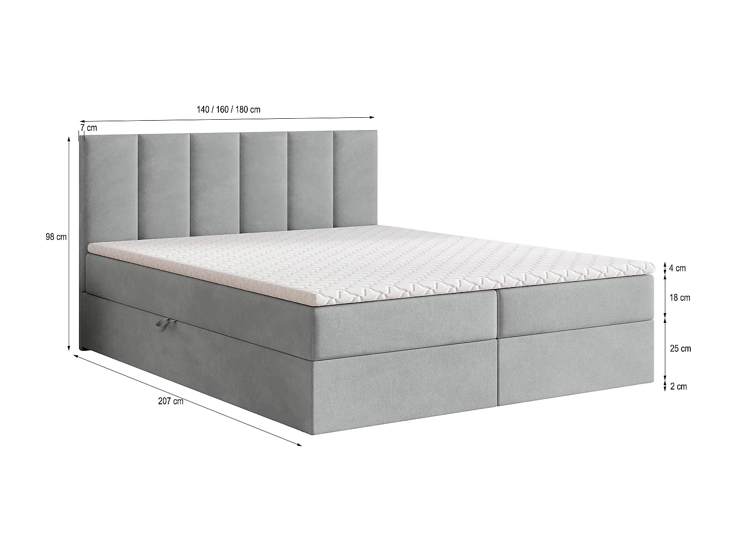 Lit continental MERIL, 140x200 cm, Tissu pelucheux, Gris clair