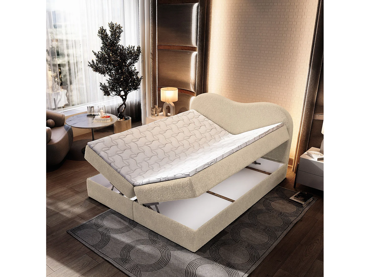 Boxspringbed FLUVIA 160x200 cm Set met hoofdbord, bedbodem en matras, Crème