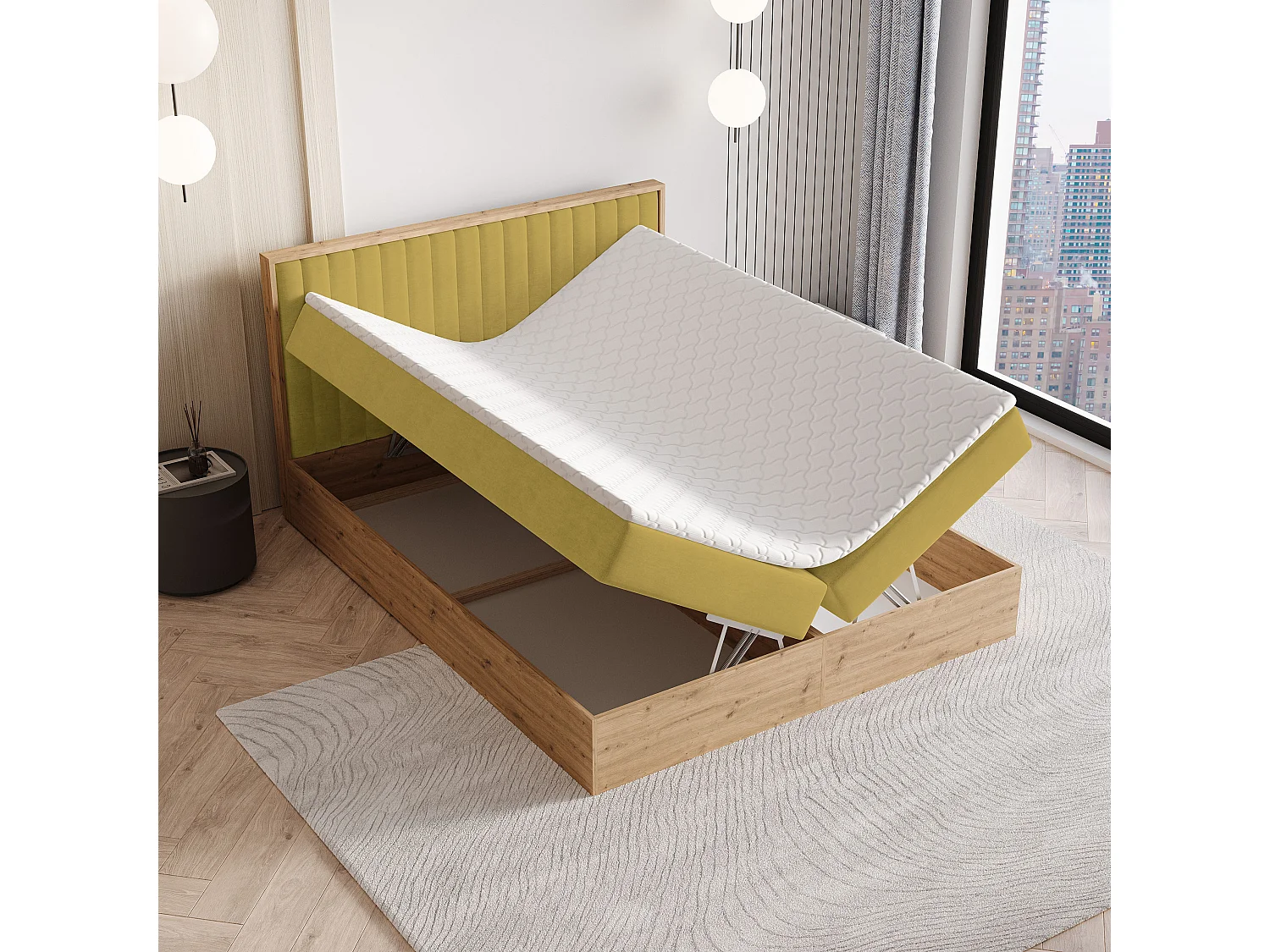 Lit continental VARELI, 140x200 cm, Tissu tressé, Jaune