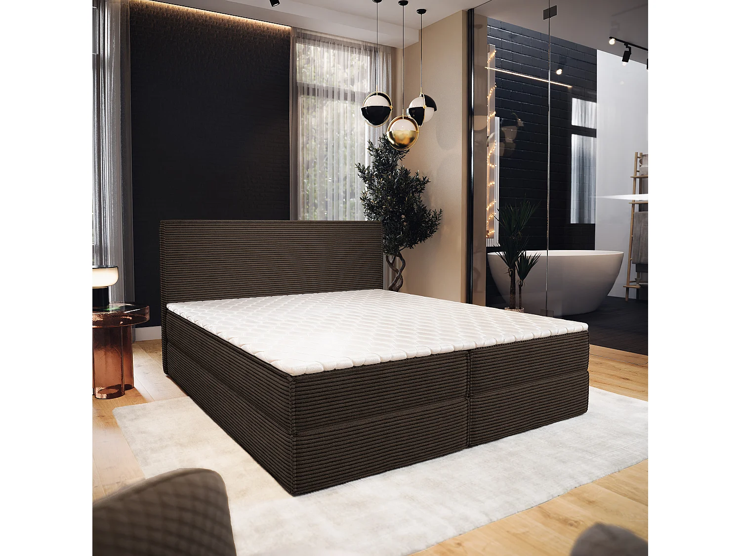 Boxspringbed PELLIO 140x200 cm Set met hoofdbord, bedbodem en matras, Bruin