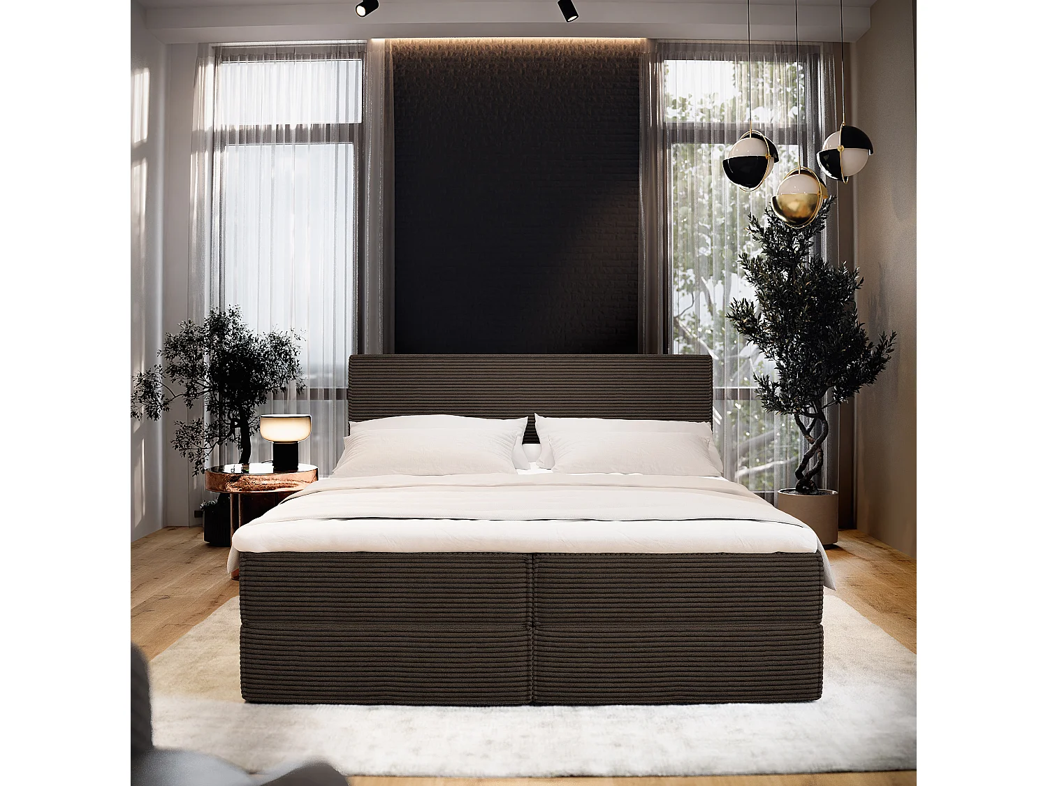 Boxspringbed PELLIO 140x200 cm Set met hoofdbord, bedbodem en matras, Bruin
