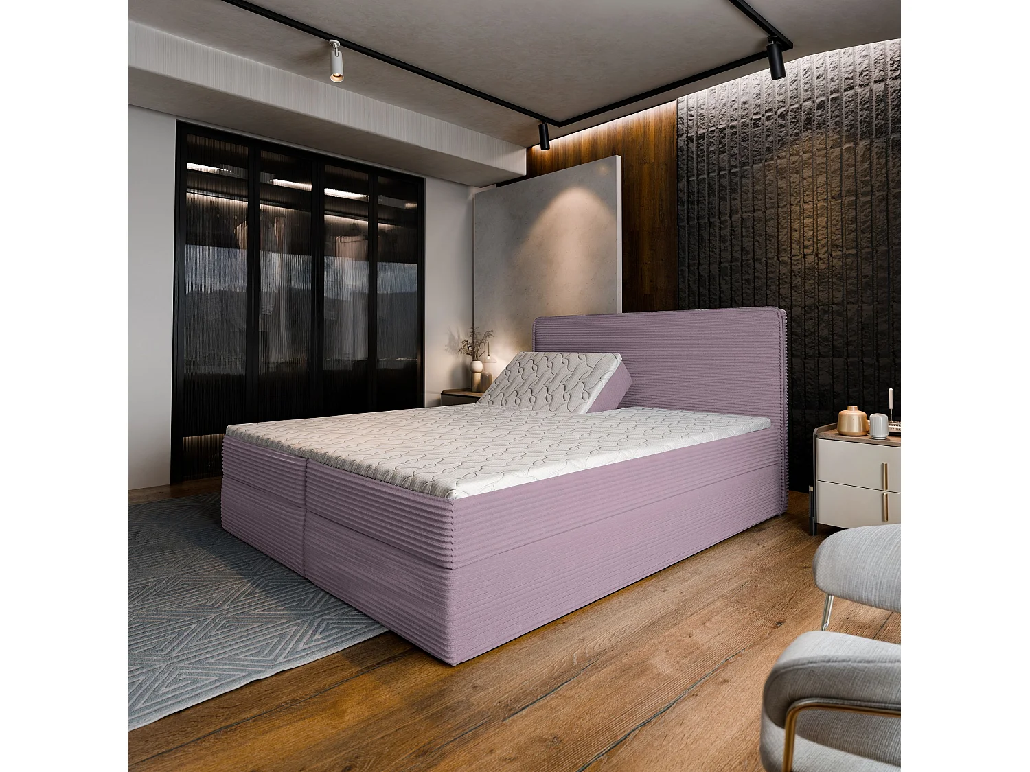 Lit continental ASTOR, 140x200 cm, Tissu en velours côtelé, Rose