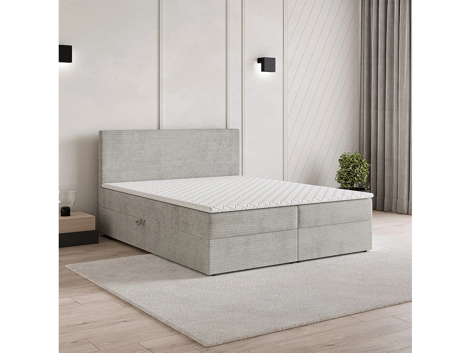 Lit continental NIRA, 160x200 cm, Tissu pelucheux, Gris clair