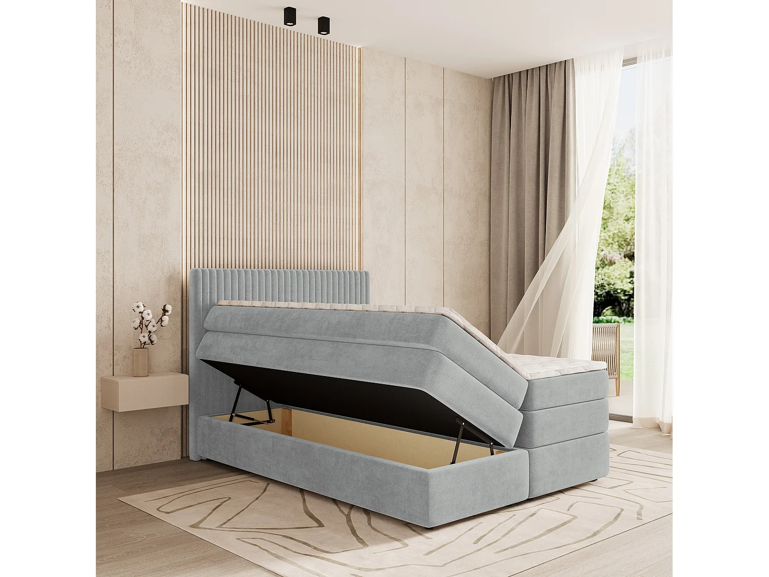 Boxspringbed FELBIO 160x200 cm Set met hoofdbord, bedbodem en matras, Lichtgrijs