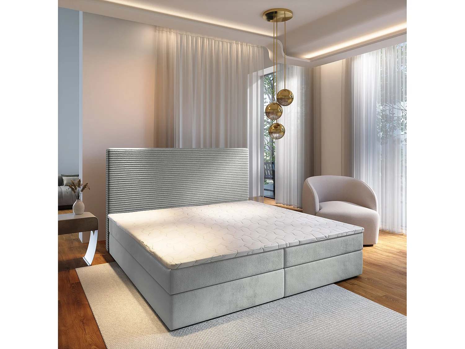 Boxspringbed GIARRO 140x200 cm Set met hoofdbord, bedbodem en matras, Lichtgrijs