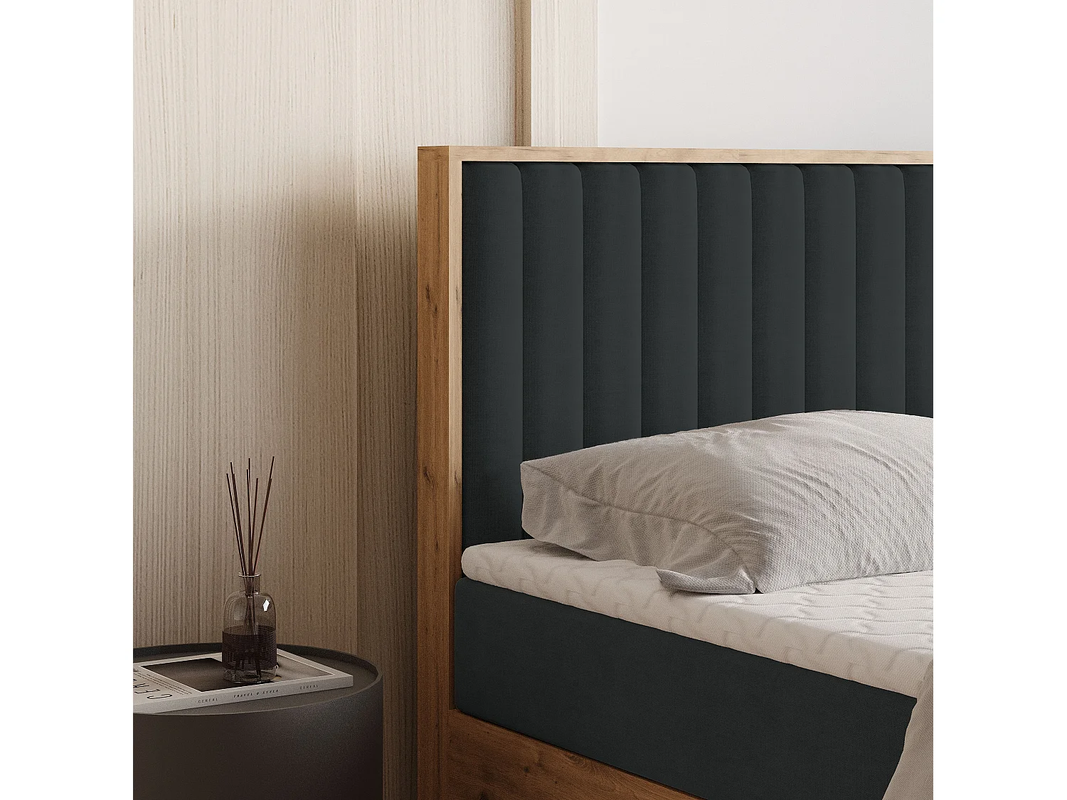 Lit continental VARELI, 140x200 cm, Tissu tressé, Noir