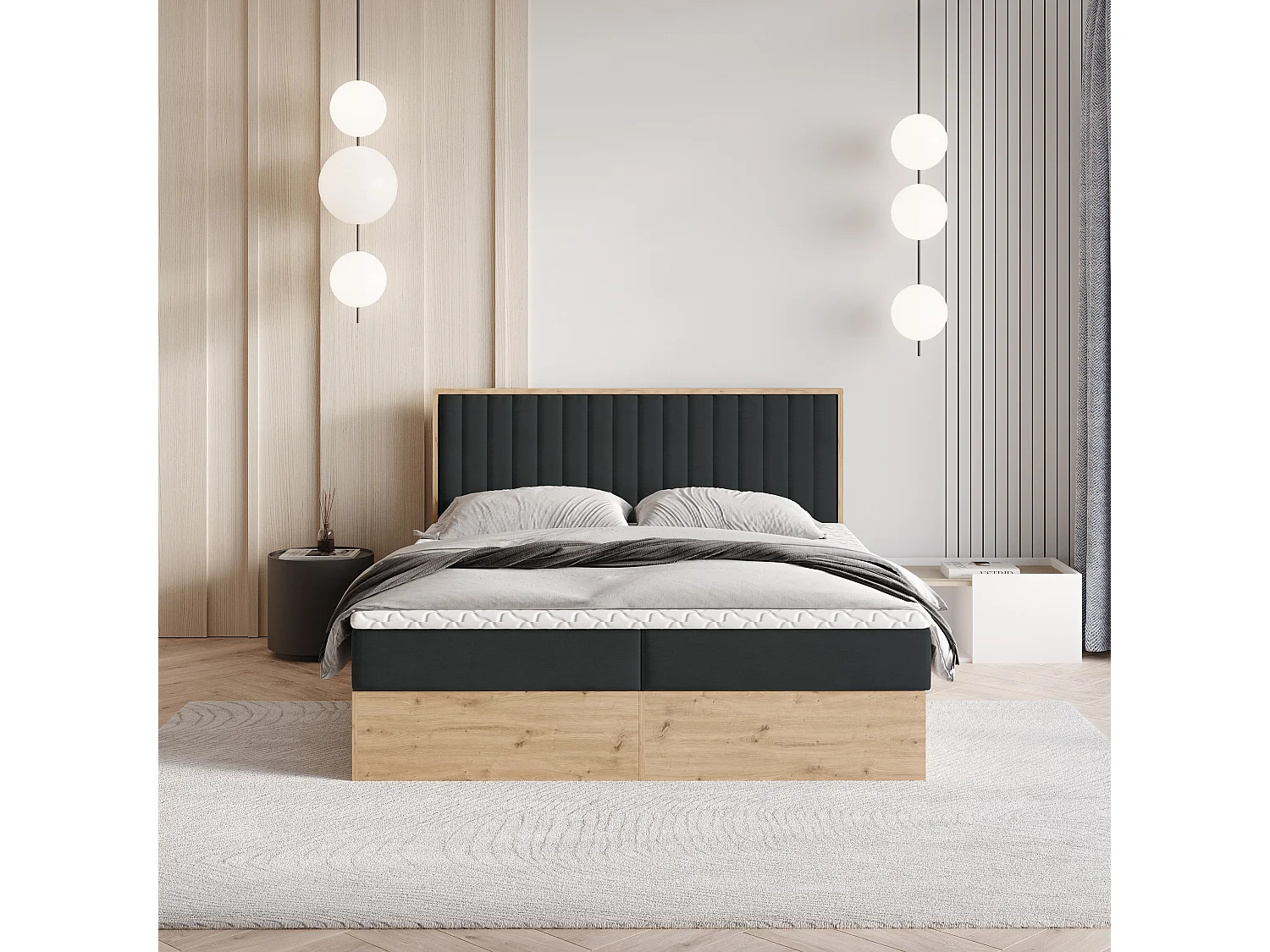 Lit continental VARELI, 140x200 cm, Tissu tressé, Noir