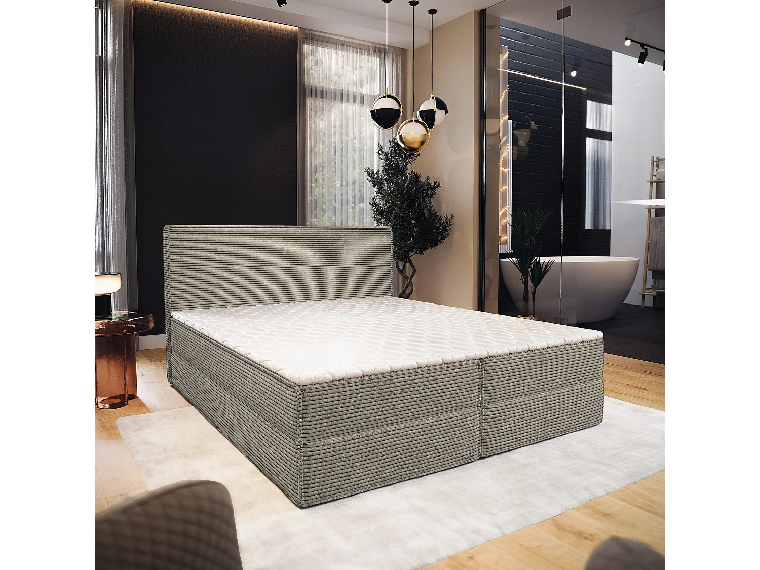 Lit continental PELLIO, 160x200 cm, Tissu en velours côtelé, Beige