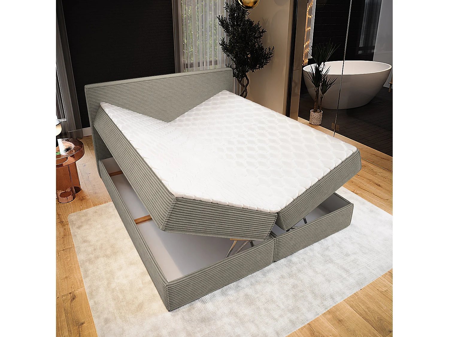 Lit continental PELLIO, 160x200 cm, Tissu en velours côtelé, Beige