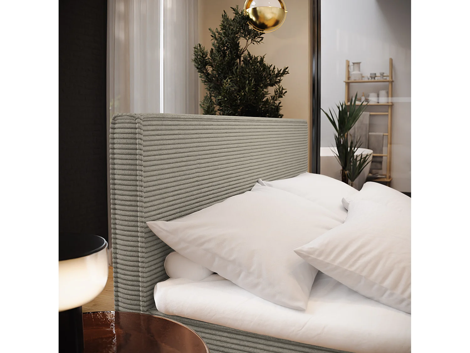 Lit continental PELLIO, 160x200 cm, Tissu en velours côtelé, Beige