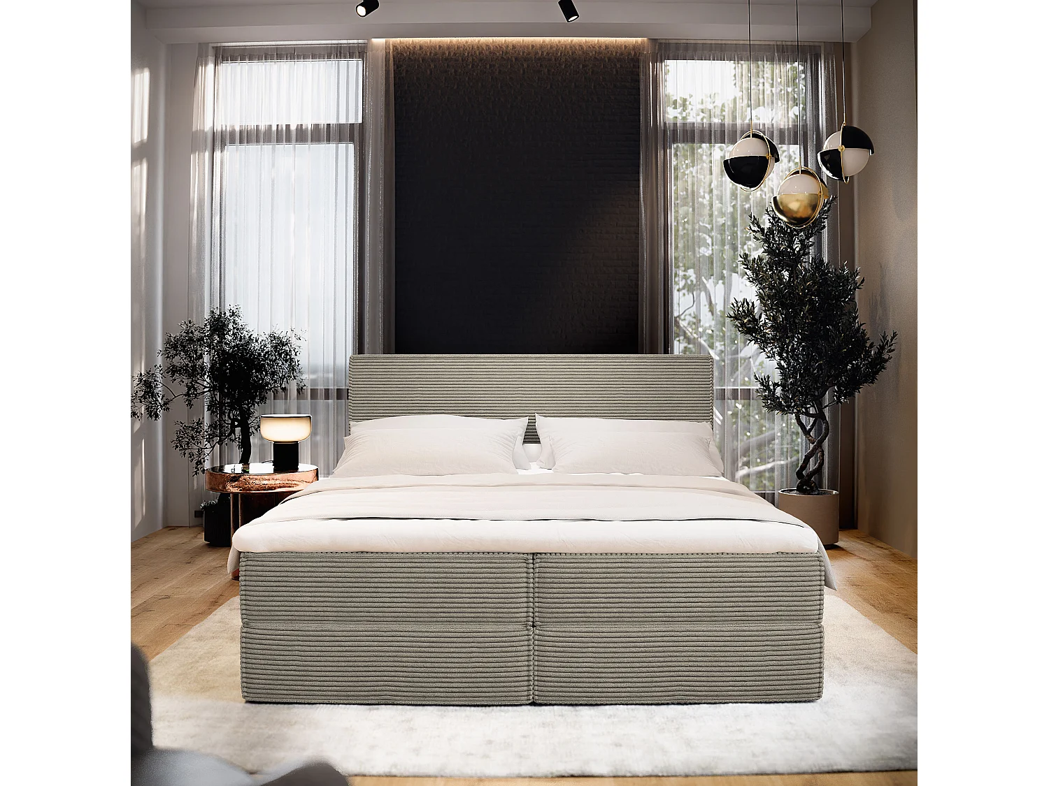 Lit continental PELLIO, 160x200 cm, Tissu en velours côtelé, Beige