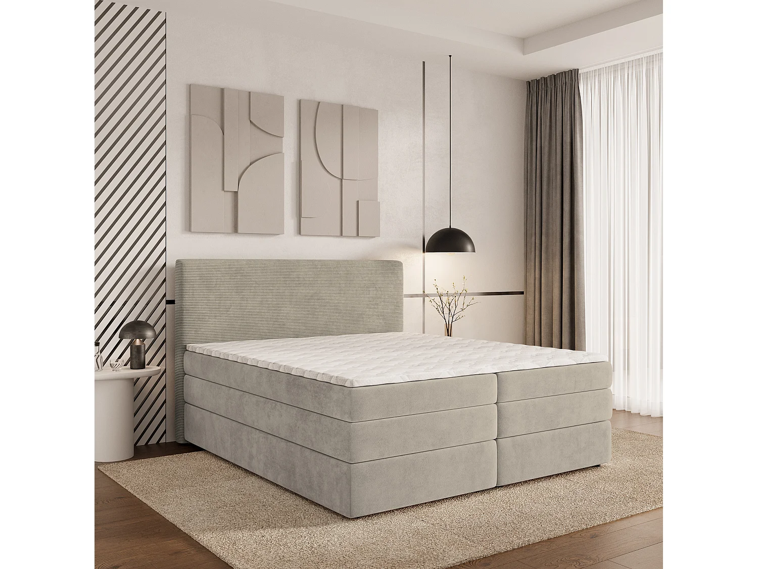 Lit continental MATERN, 140x200 cm, Tissu pelucheux, Beige