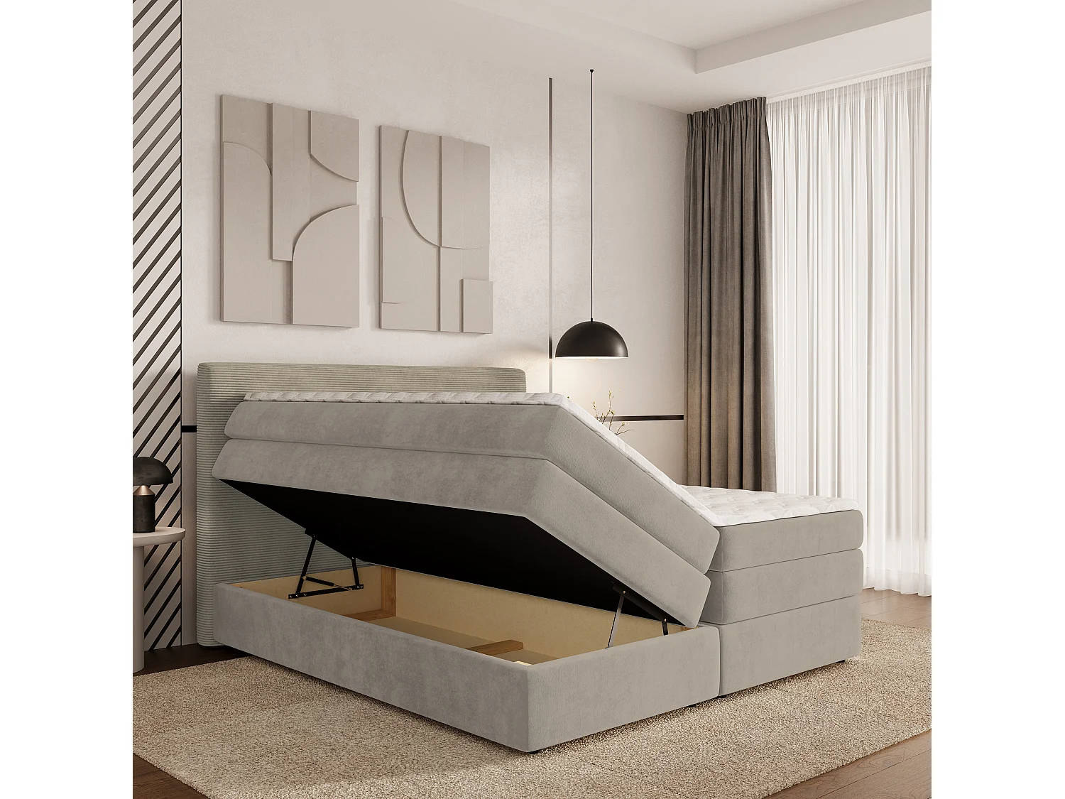 Lit continental MATERN, 140x200 cm, Tissu pelucheux, Beige