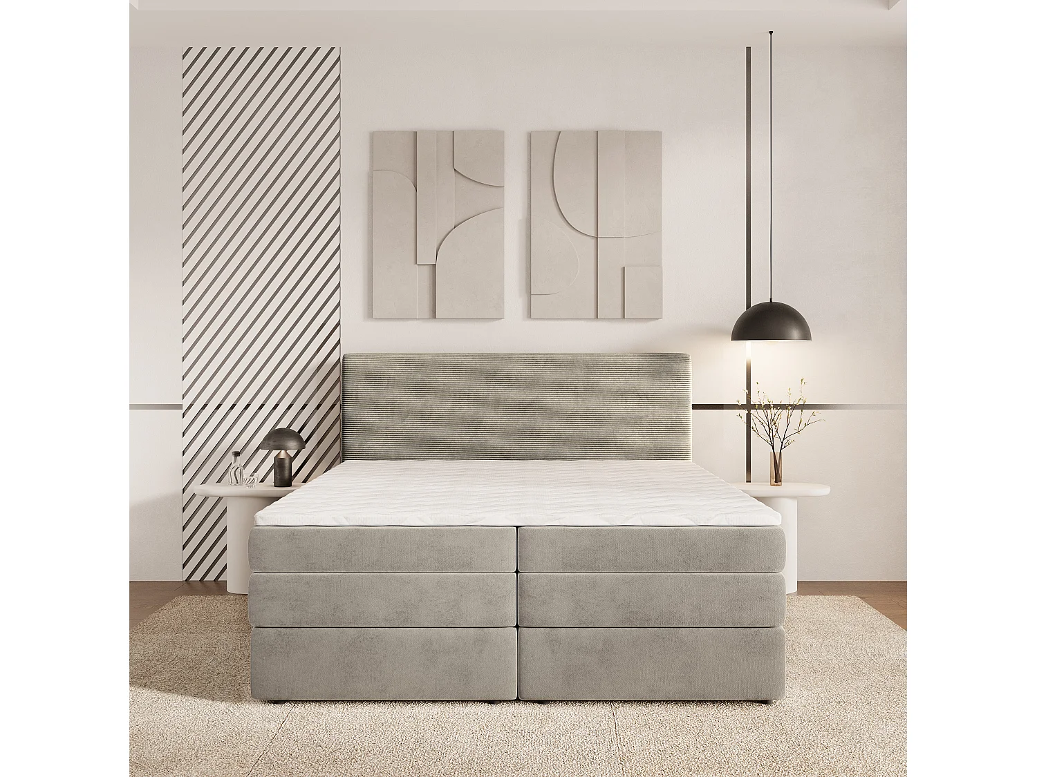 Lit continental MATERN, 140x200 cm, Tissu pelucheux, Beige
