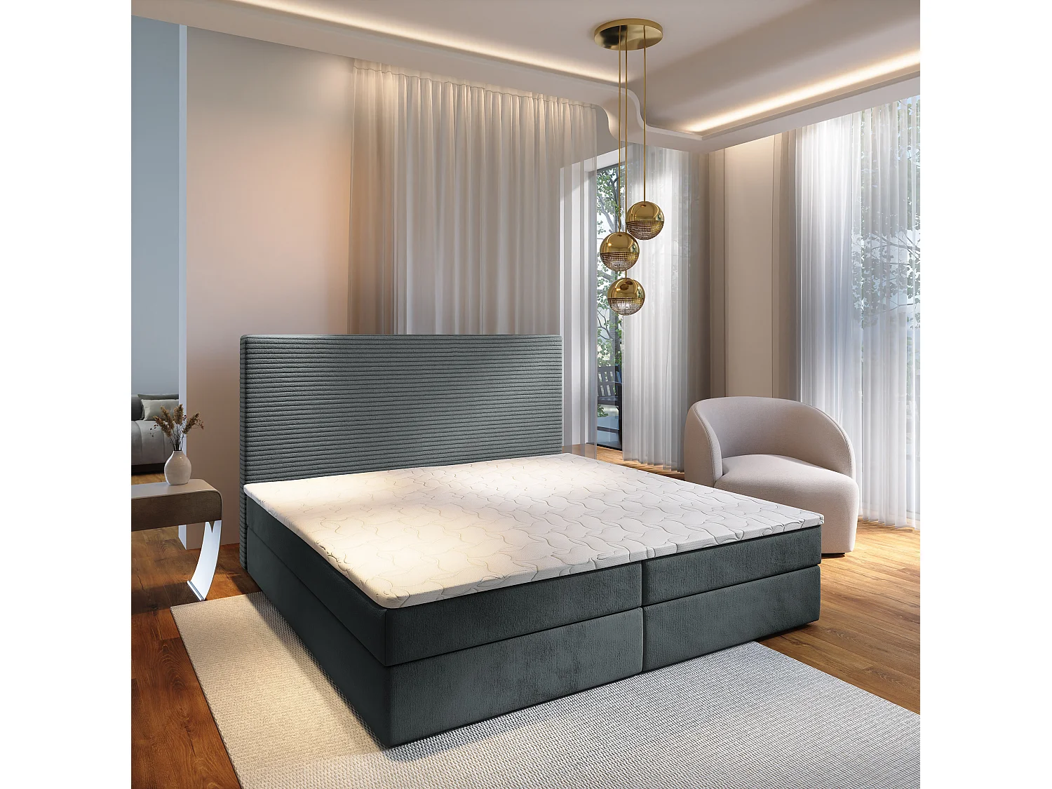 Lit continental GIARRO, 160x200 cm, Tissu pelucheux, Gris