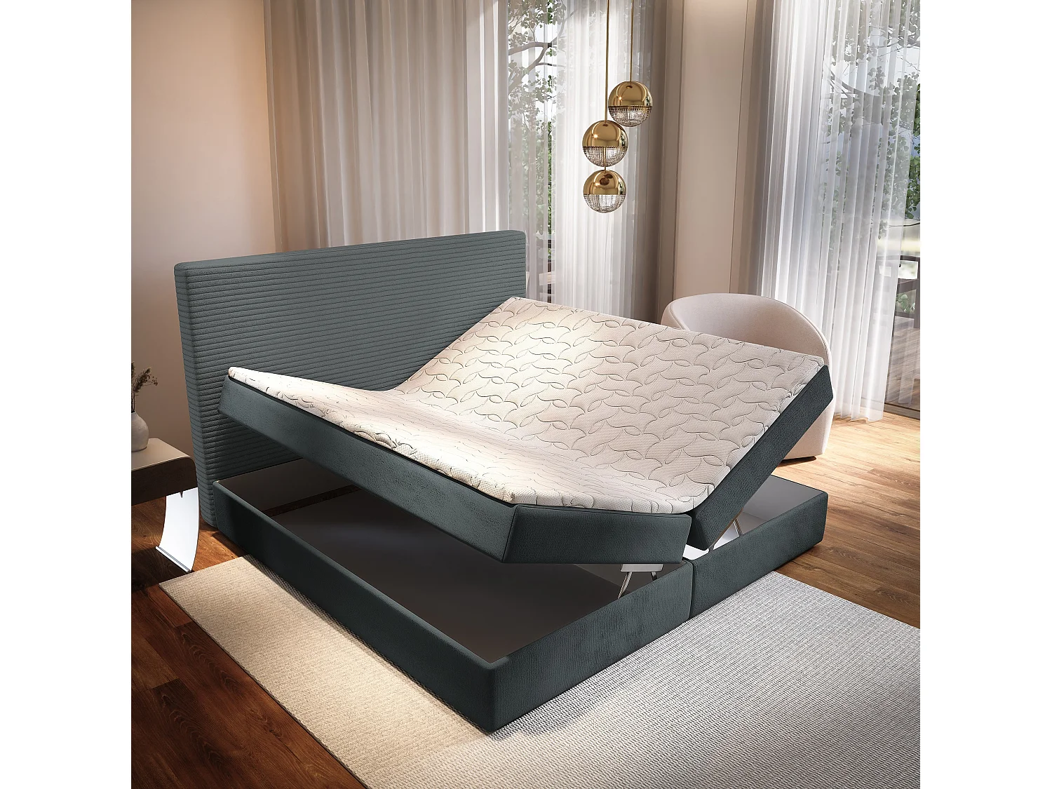 Lit continental GIARRO, 160x200 cm, Tissu pelucheux, Gris