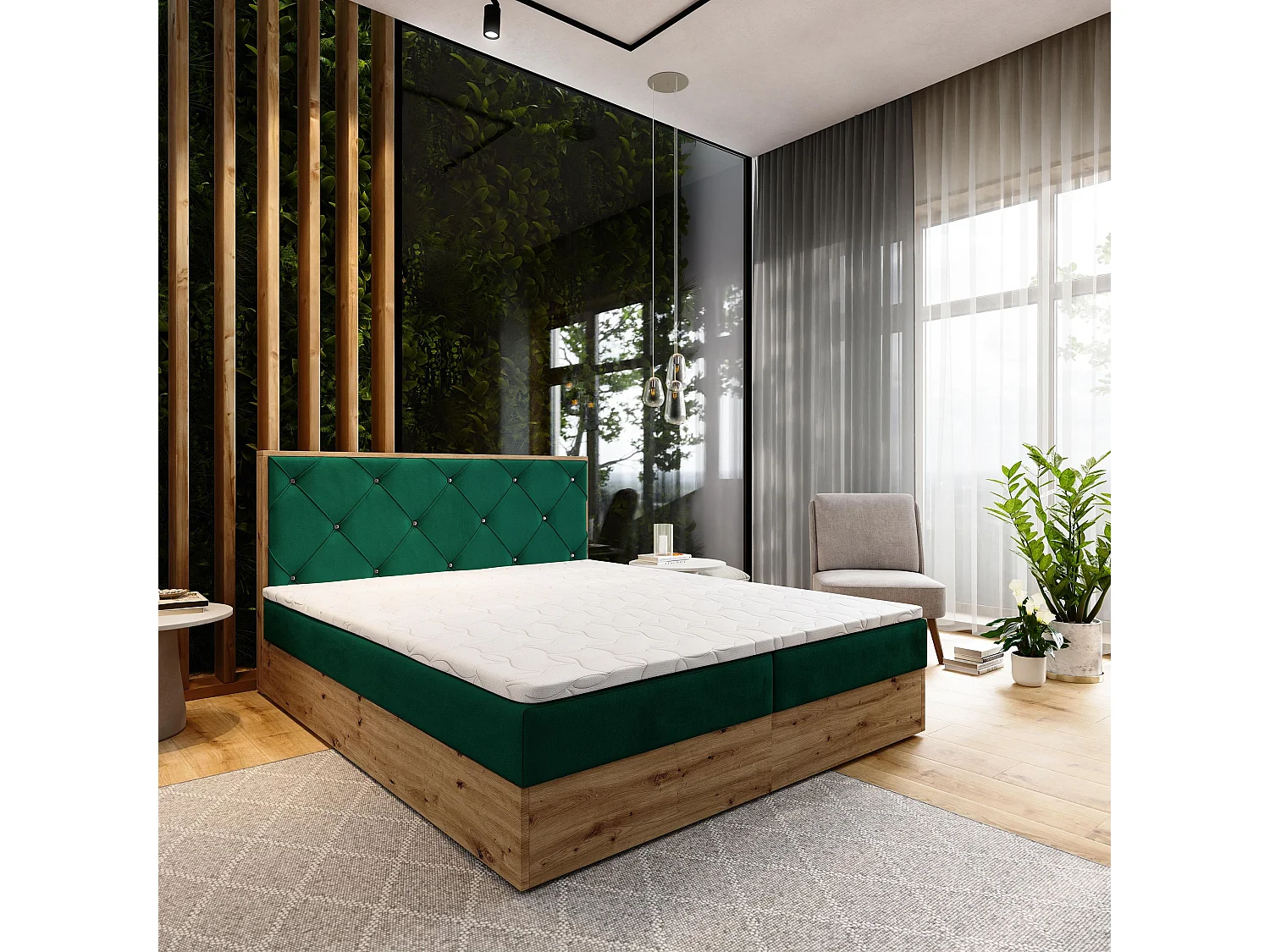 Boxspringbed FOSCO 180x200 cm Set met hoofdbord, bedbodem en matras, Dennengroen