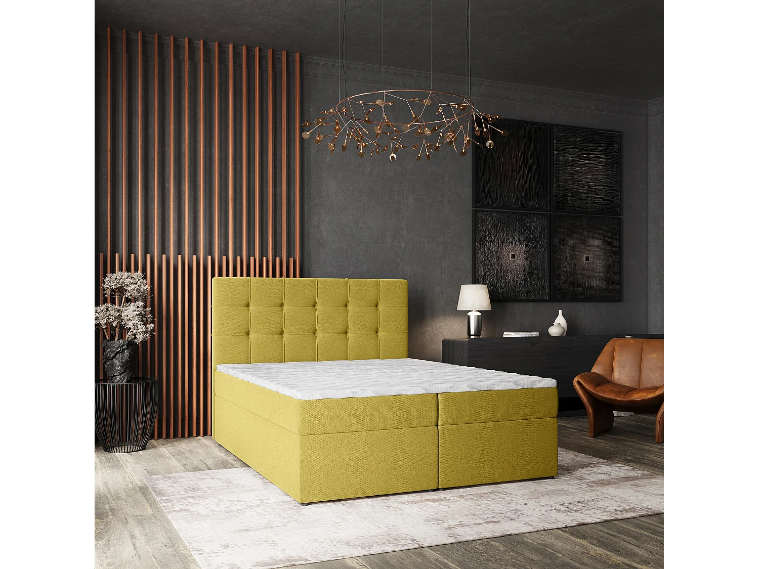 Lit continental PALMA, 180x200 cm, Tissu tressé, Jaune