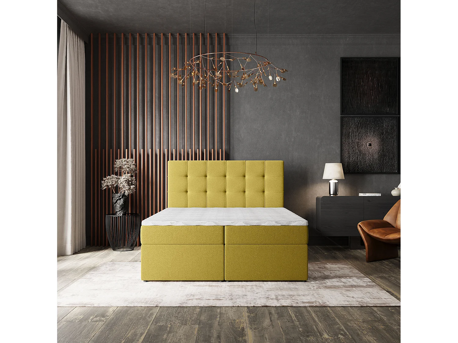 Lit continental PALMA, 180x200 cm, Tissu tressé, Jaune