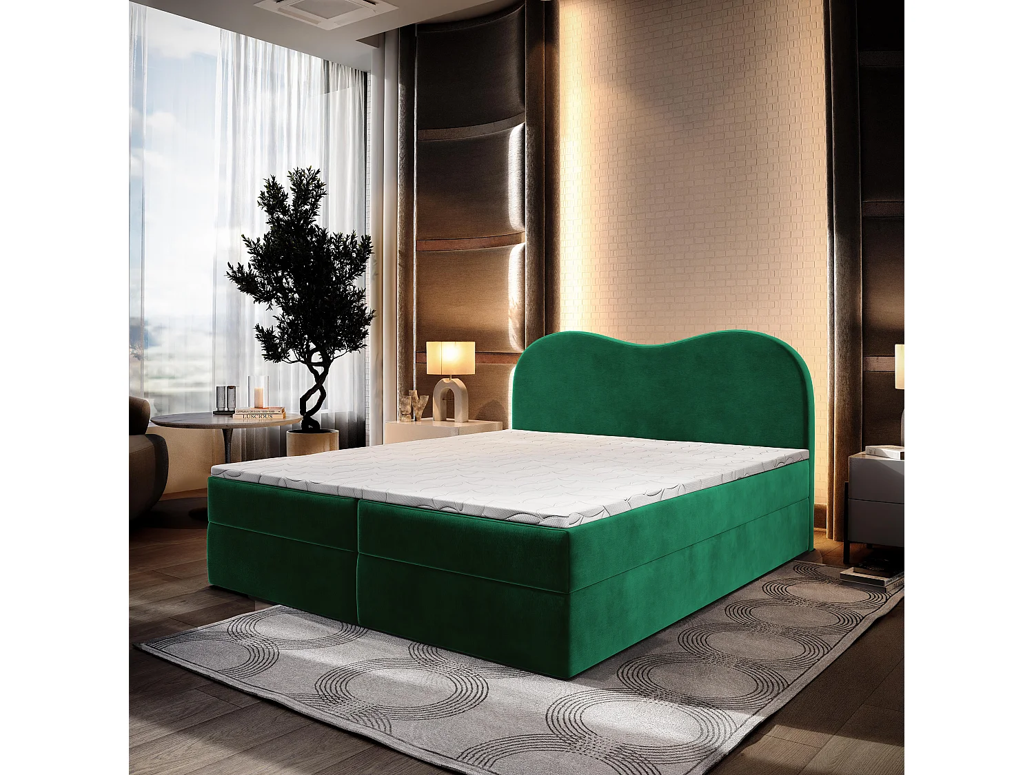 Boxspringbed FLUVIA 180x200 cm Set met hoofdbord, bedbodem en matras, Dennengroen