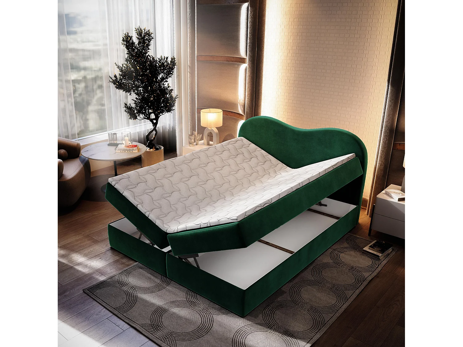 Boxspringbed FLUVIA 180x200 cm Set met hoofdbord, bedbodem en matras, Dennengroen