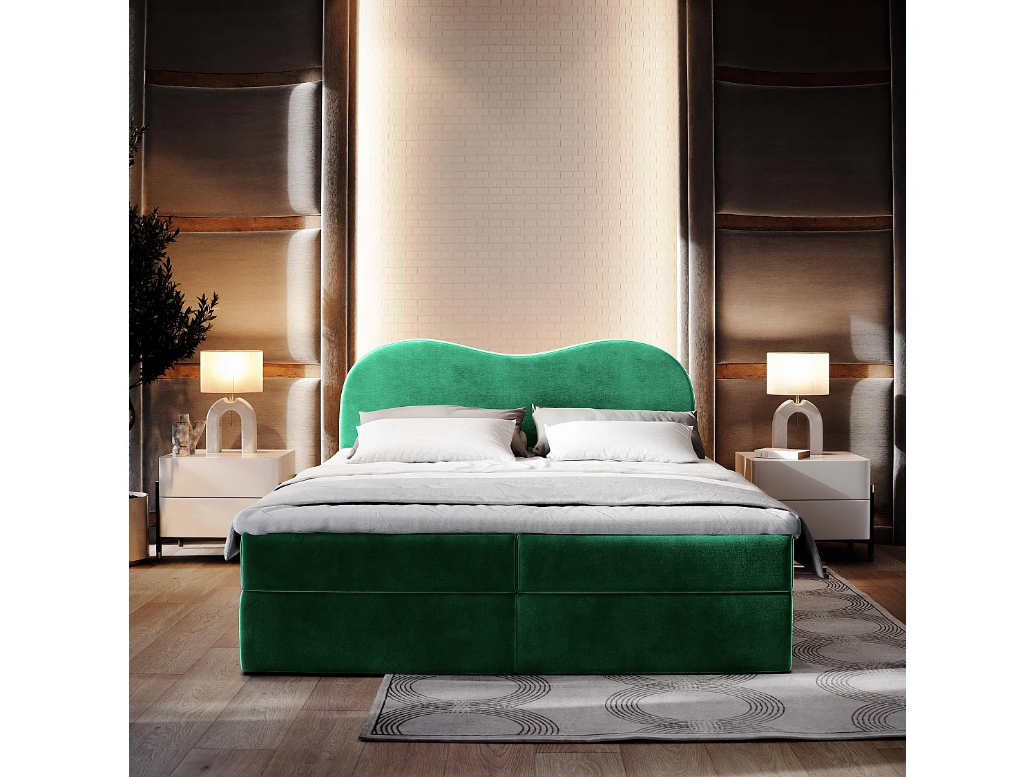 Boxspringbed FLUVIA 180x200 cm Set met hoofdbord, bedbodem en matras, Dennengroen