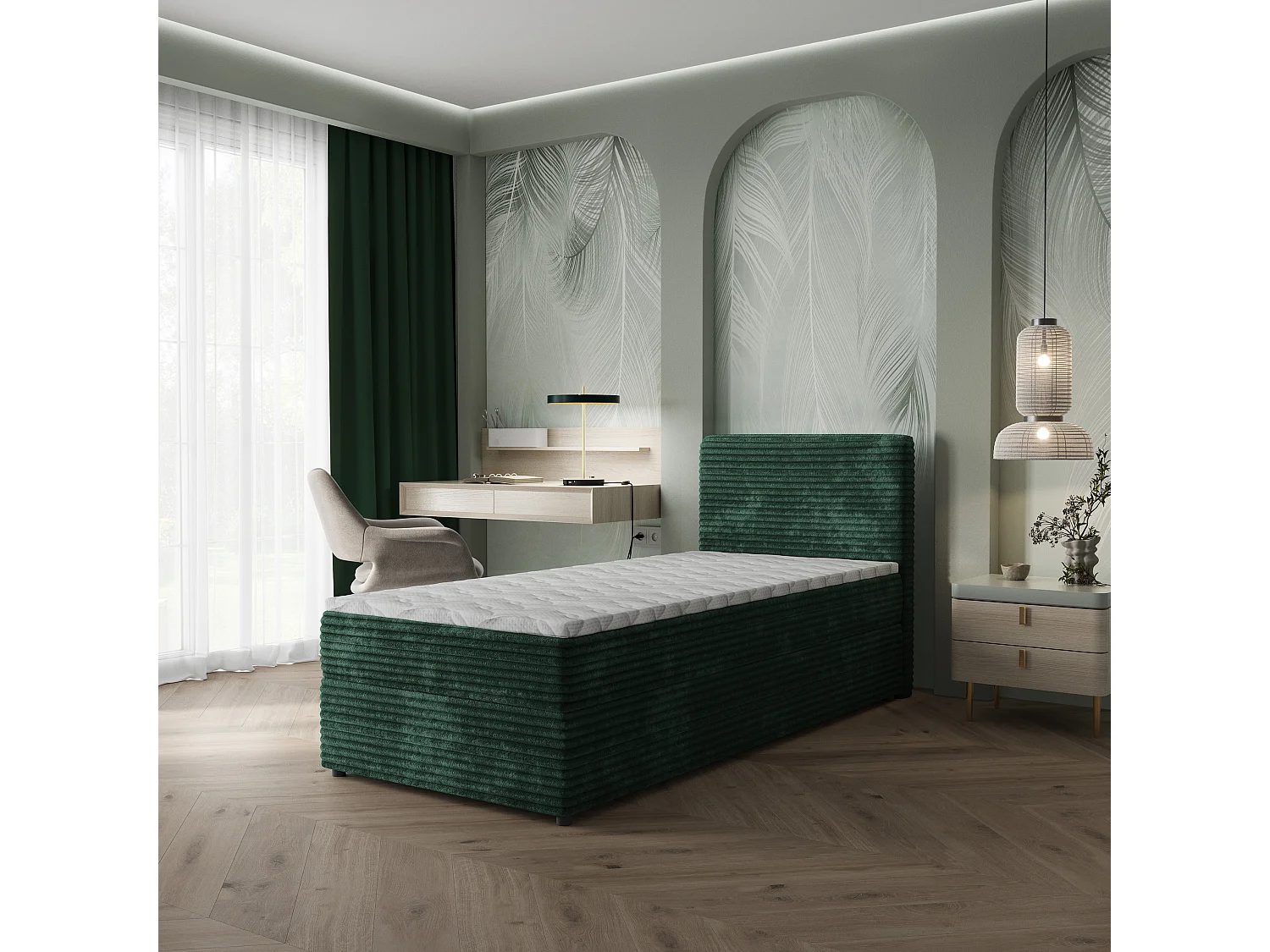 Boxspringbed PISA 80x200 cm Set met hoofdbord, bedbodem en matras, Dennengroen