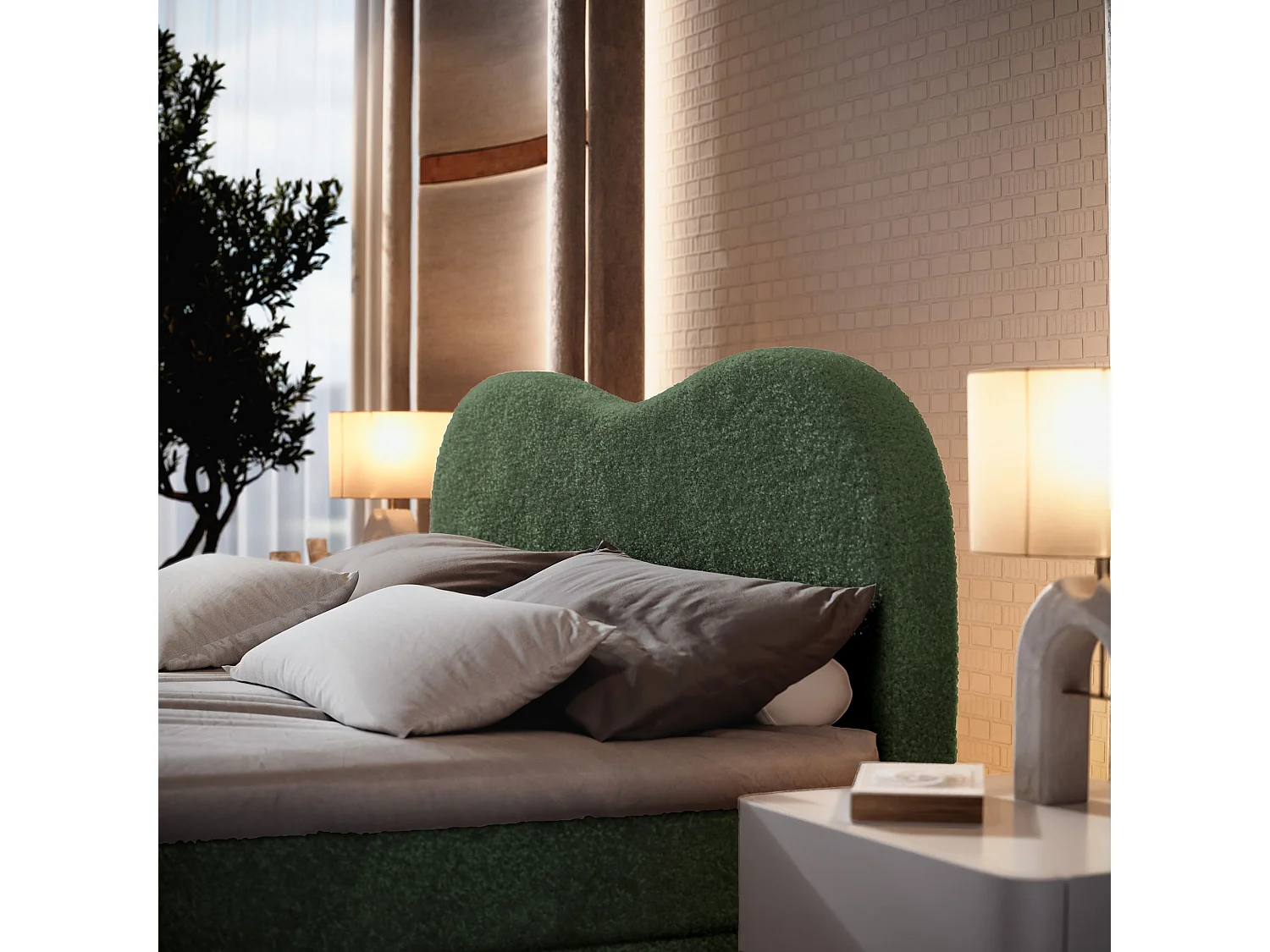 Lit continental FLUVIA, 160x200 cm, Tissu bouclé, Vert