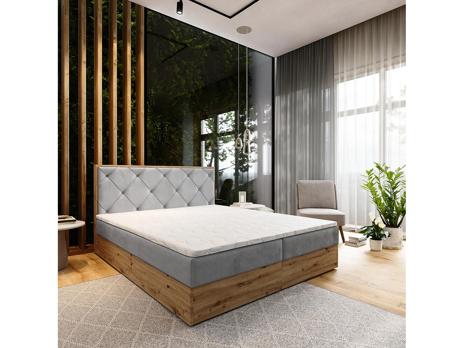 Boxspringbed FOSCO 160x200 cm Set met hoofdbord, bedbodem en matras, Lichtgrijs