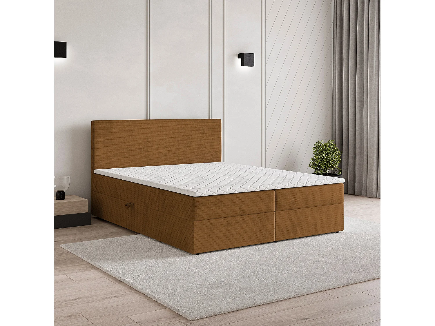 Lit continental NIRA, 180x200 cm, Tissu pelucheux, Couleur cuivre