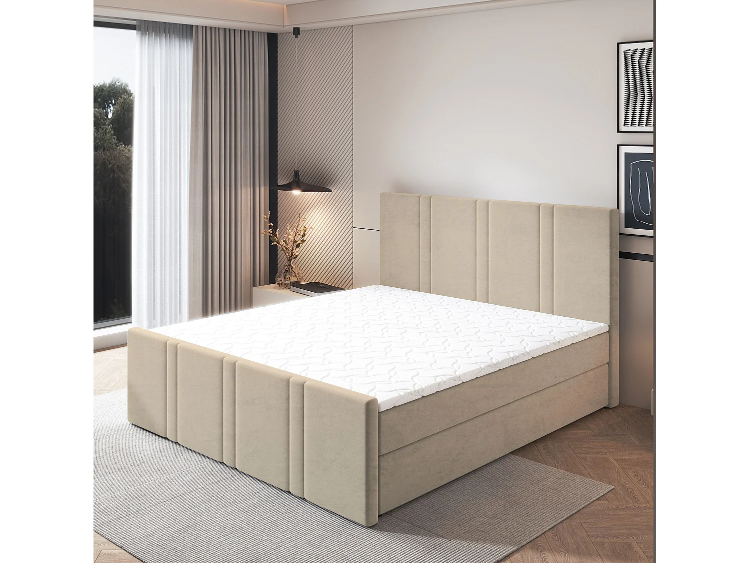 Lit continental COMOZA, 160x200 cm, Tissu pelucheux, Beige