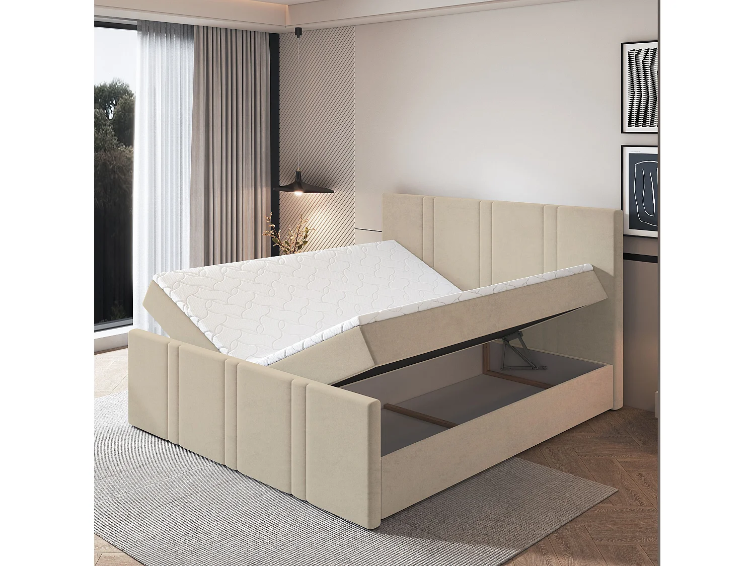 Lit continental COMOZA, 160x200 cm, Tissu pelucheux, Beige