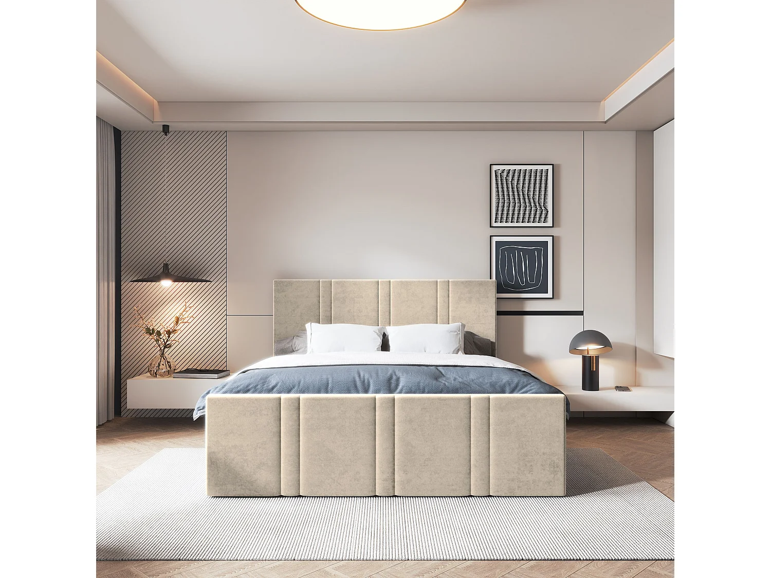Lit continental COMOZA, 160x200 cm, Tissu pelucheux, Beige