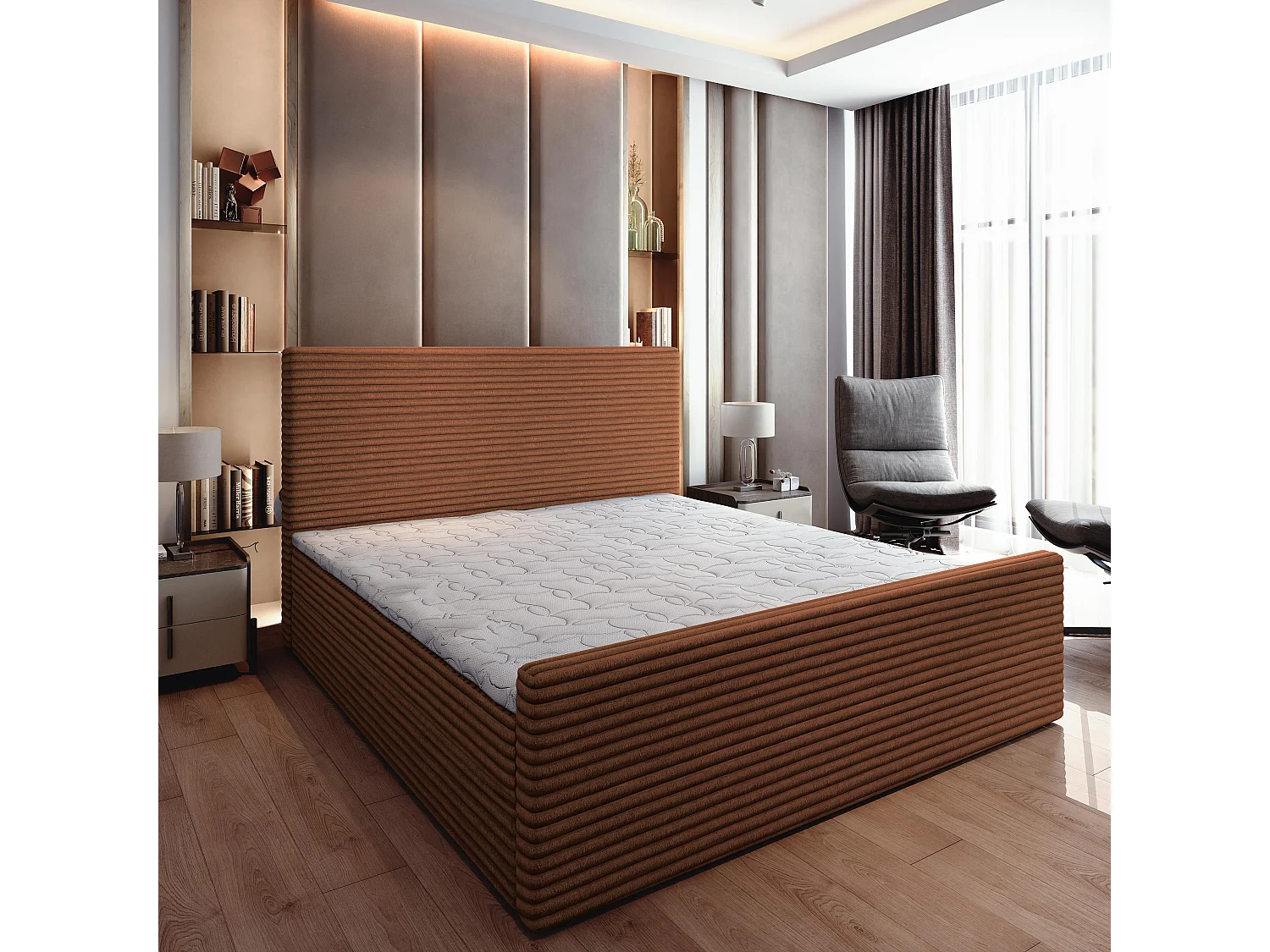 Boxspringbed BRENTO 180x200 cm Set met hoofdbord, bedbodem en matras, Koperkleurig